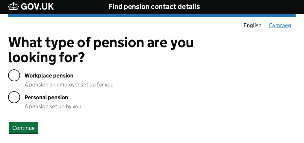 find pension contacts on Gov.uk website