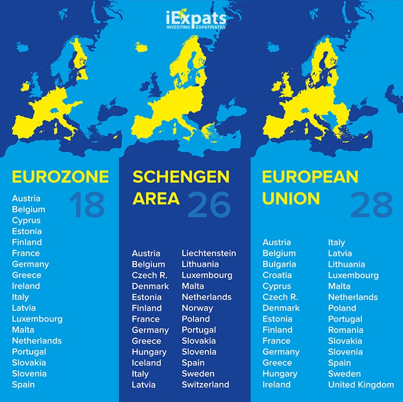 Schengen Area, Eurozone and EU Maps and country List