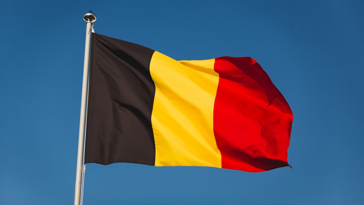 Belgium flag raised high in blue sky